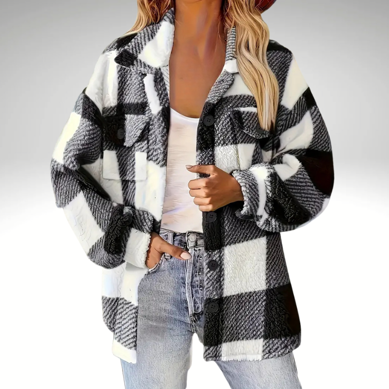 Black plaid coat for women, warm fall/winter, blended wool