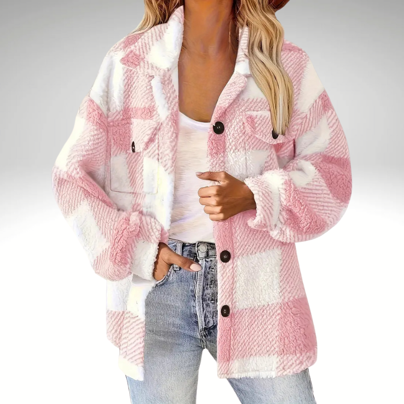 Pink plaid coat for women fall/winter, blended wool and polyester