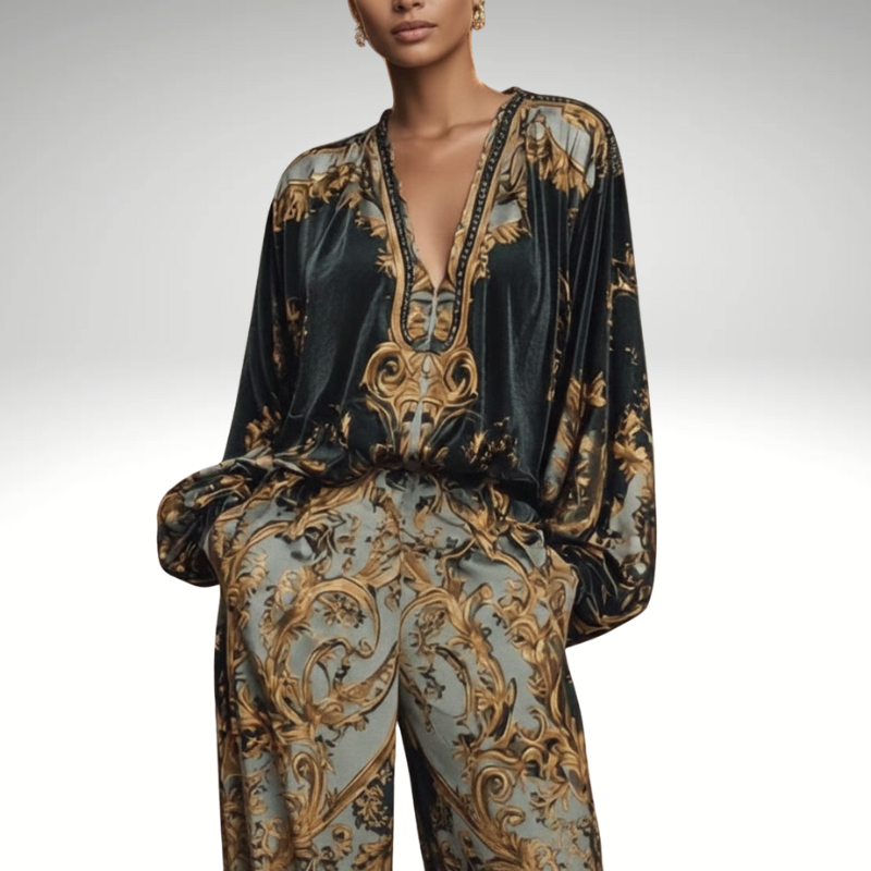 Detail of the retro print on women’s pants set