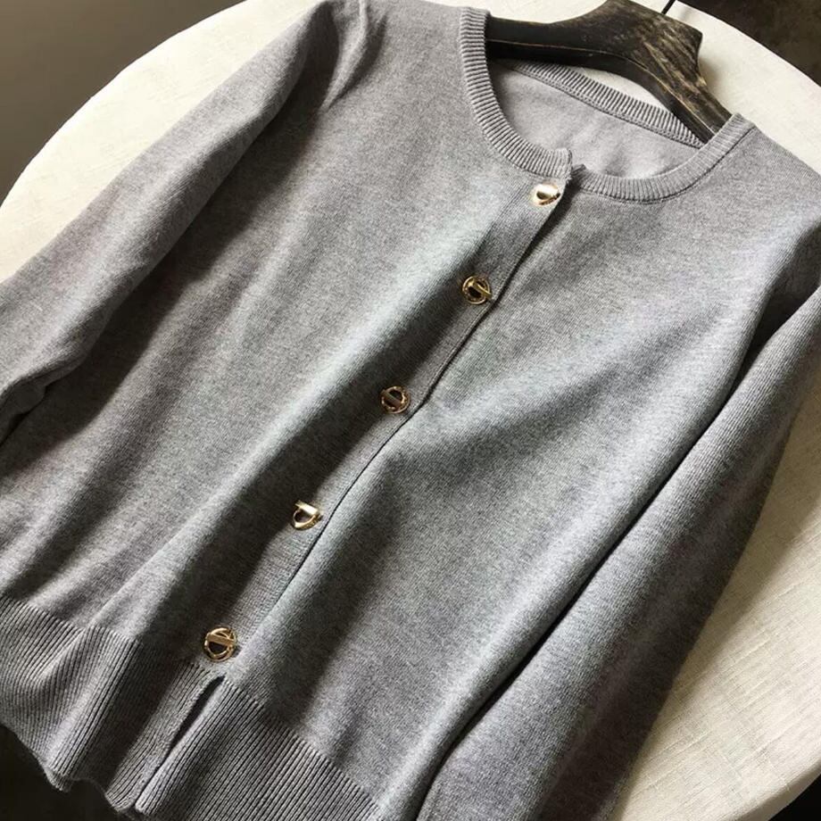 Warm grey cardigan for women – round neck and flexible knit