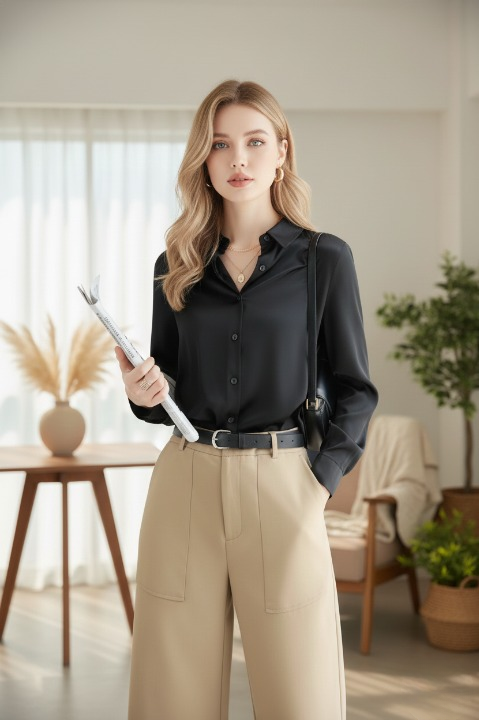 Women’s black satin blouse, elegant and versatile look