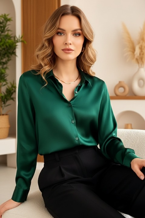 Women’s emerald green satin blouse with long sleeves and turn-down collar