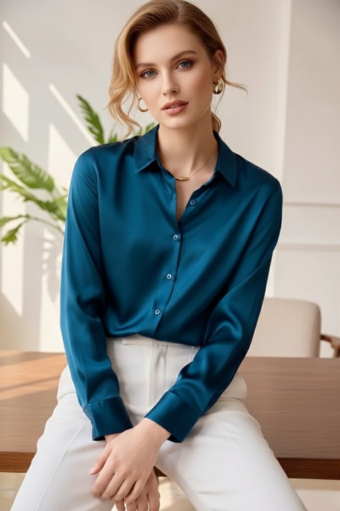 Women’s lake blue satin blouse with elegant, fluid fit