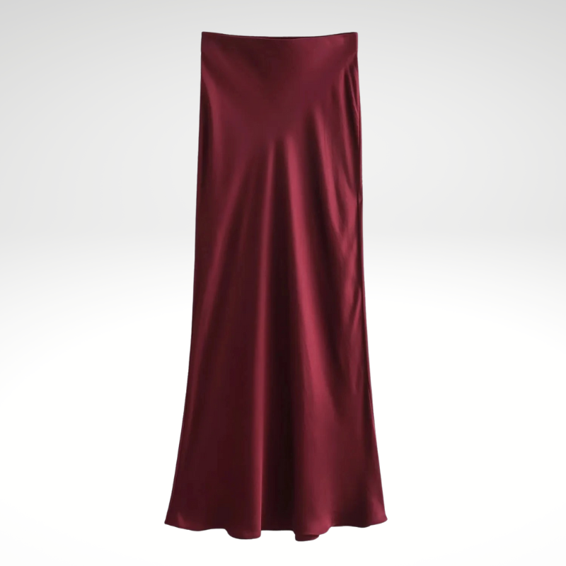 Burgundy satin women’s maxi skirt, high waist and flowing