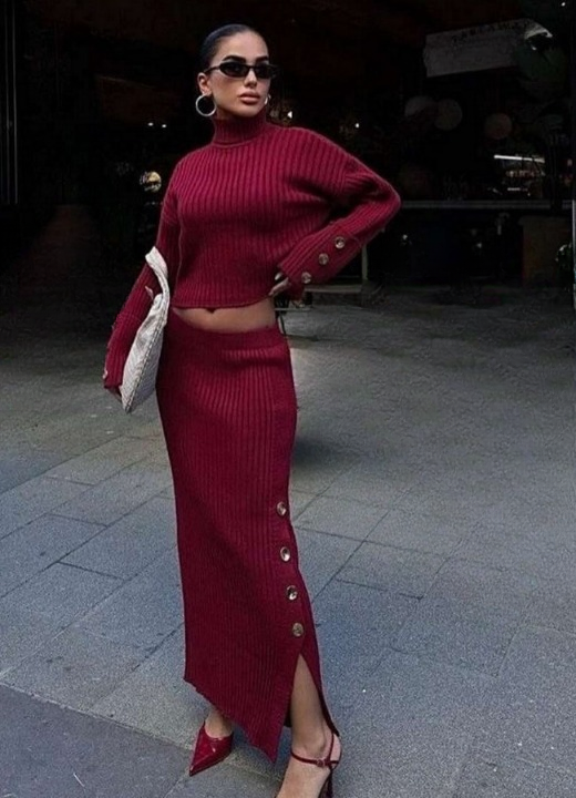 Ava - Ensemble col roulé en tricot pour femme – Jupe longue fendue et pull – Tenue chic automne-hiver – Blanc