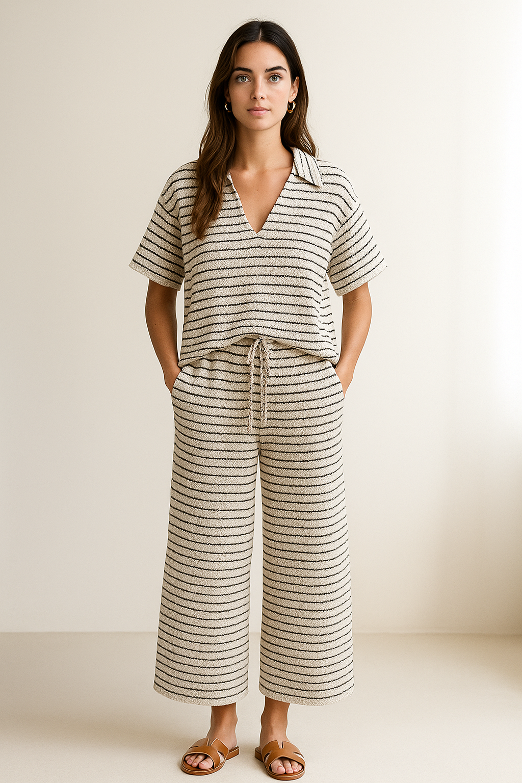 Brunette woman with green eyes wearing striped knit set with luxury sandals and gold hoop earrings