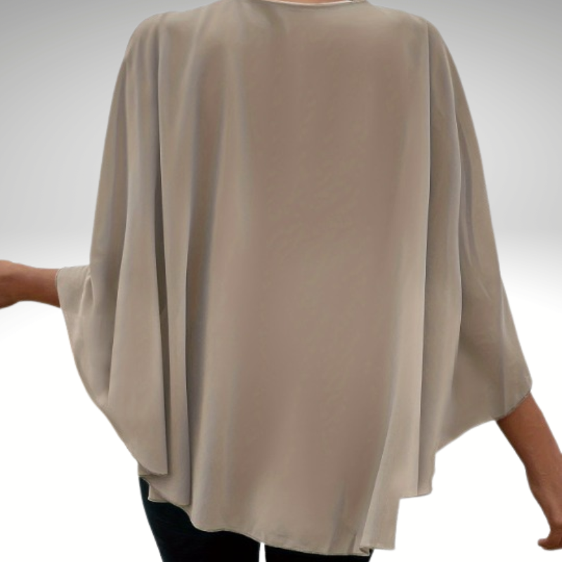 Women’s silk chiffon blouse in brown with layered cape sleeves