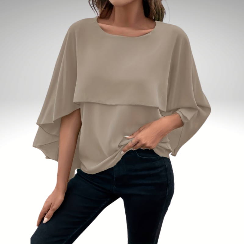 Elegant brown silk chiffon blouse for women, classic round neck