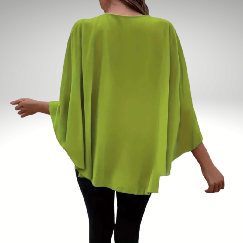 Women’s silk chiffon blouse in green with layered cape sleeves