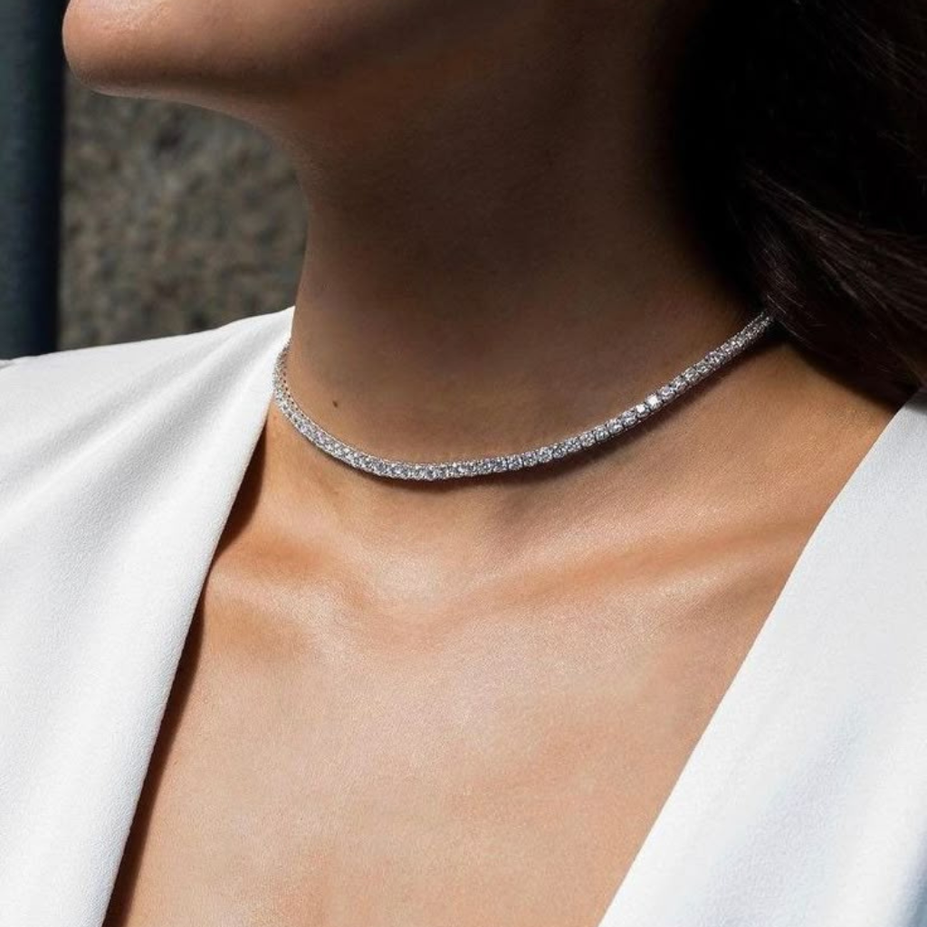 Silver tennis choker necklace for women featuring high-quality cubic zirconia, adjustable and minimalist elegant jewelry