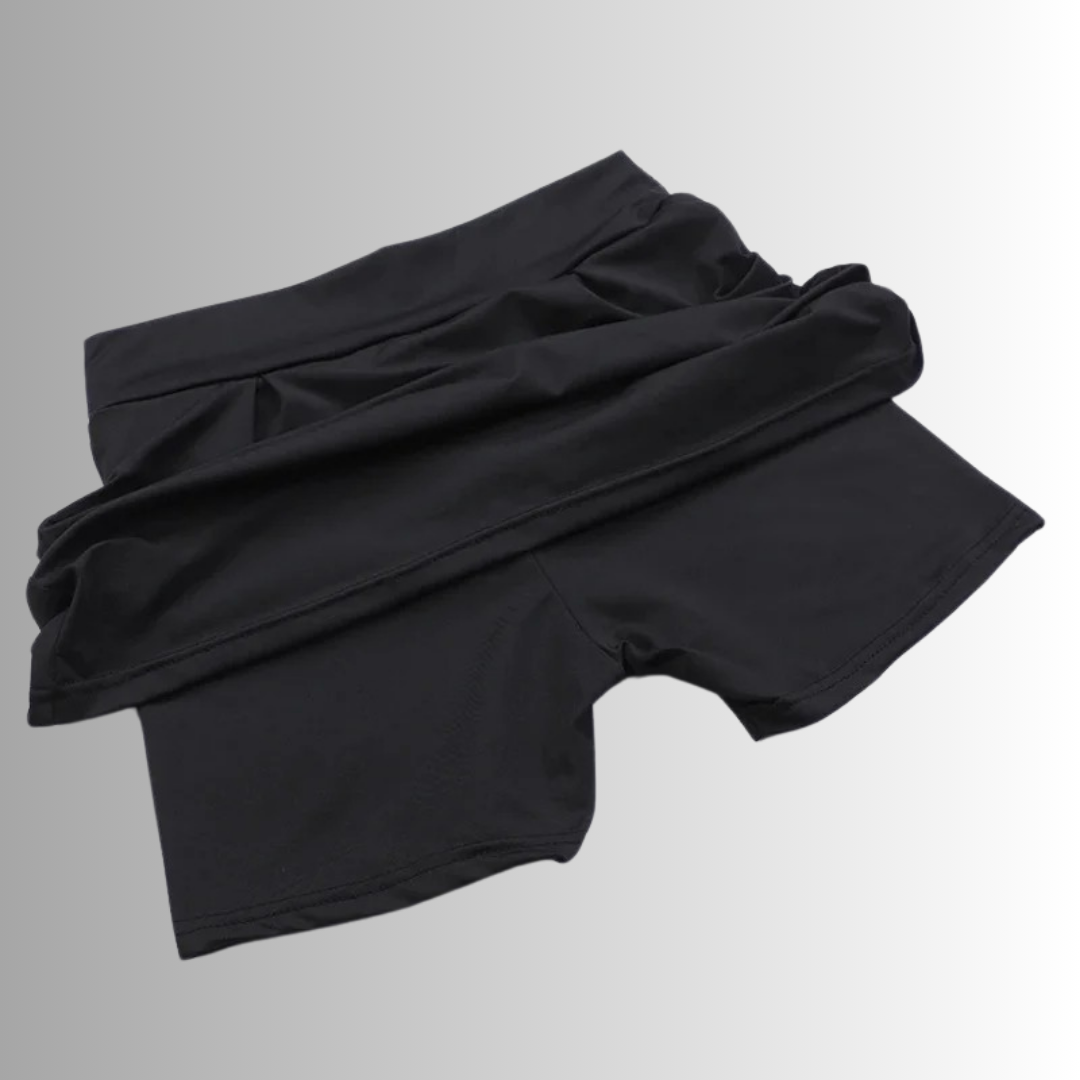 Back view of SleekFit black athletic skirt with comfortable built-in shorts