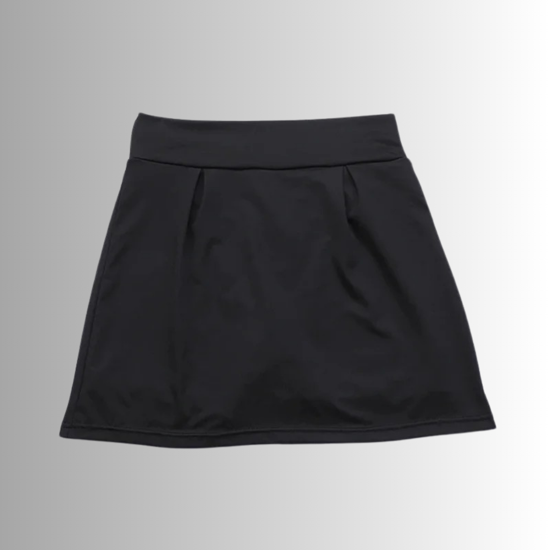 Close-up of SleekFit black skort stretch fabric and high-waist design