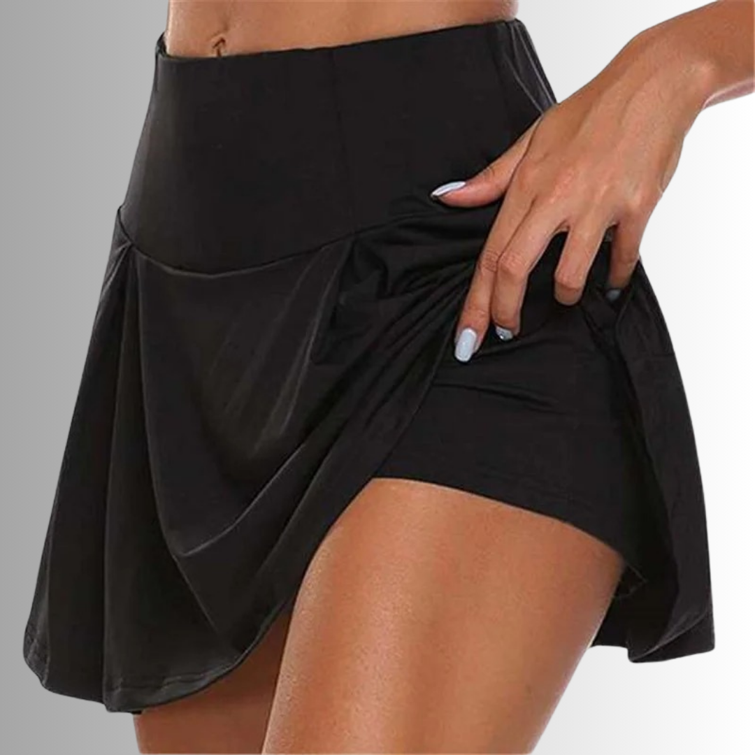 "SleekFit black skort with built-in shorts and high-waist fit for women