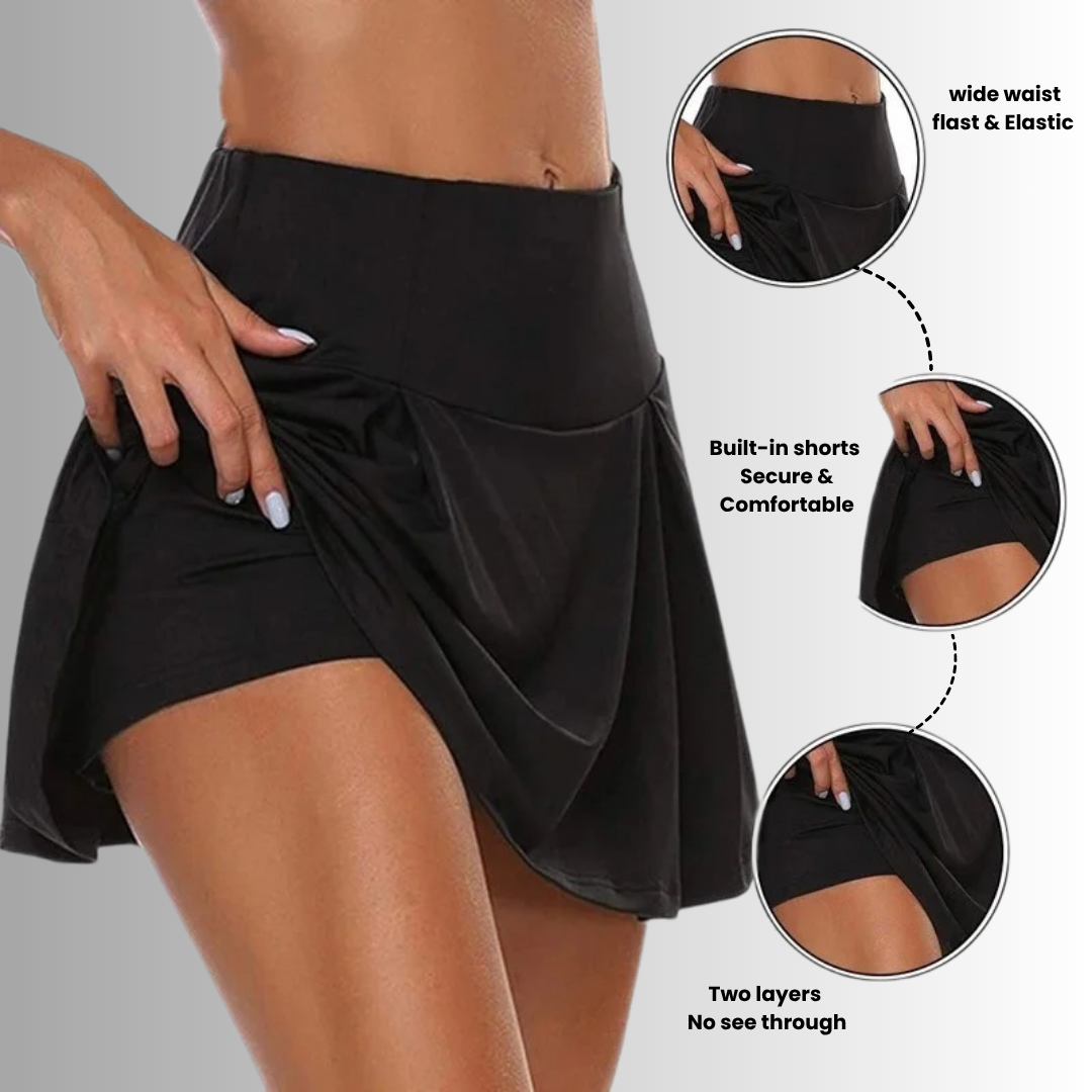 Side view of SleekFit high-waist black skort for sports and casual wear