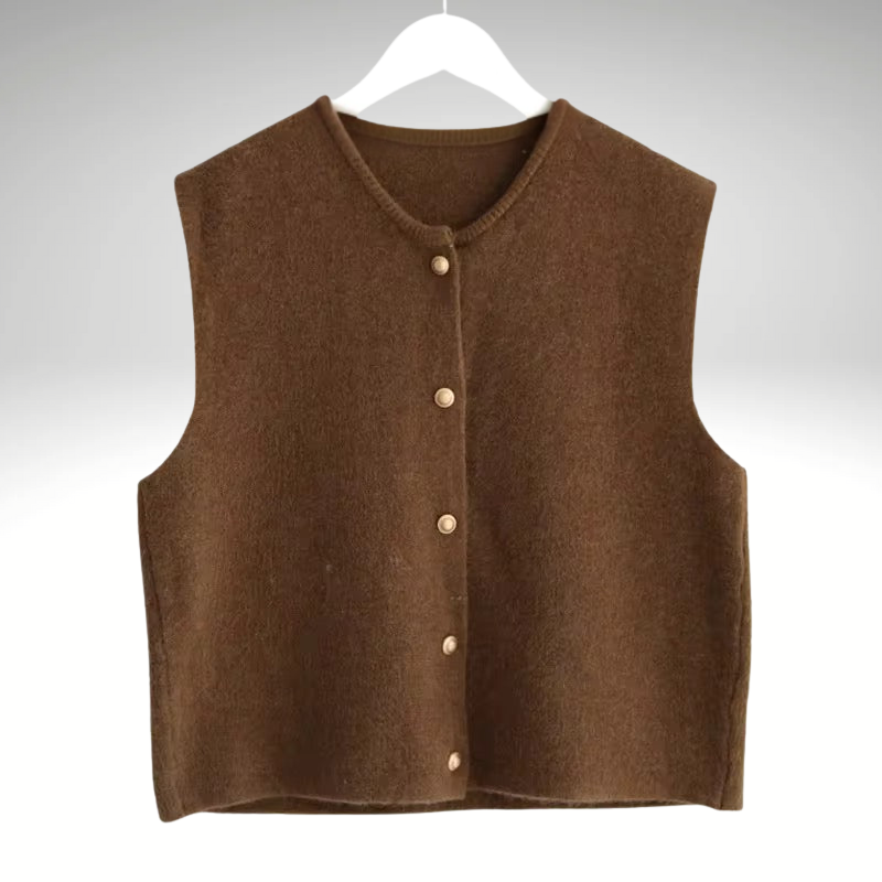 Women’s sleeveless brown knit cardigan front view