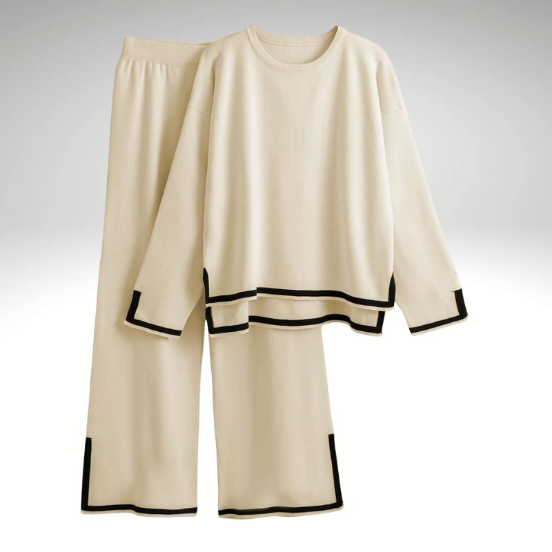 Close-up of soft knitted fabric – V-neck sweater and pants set