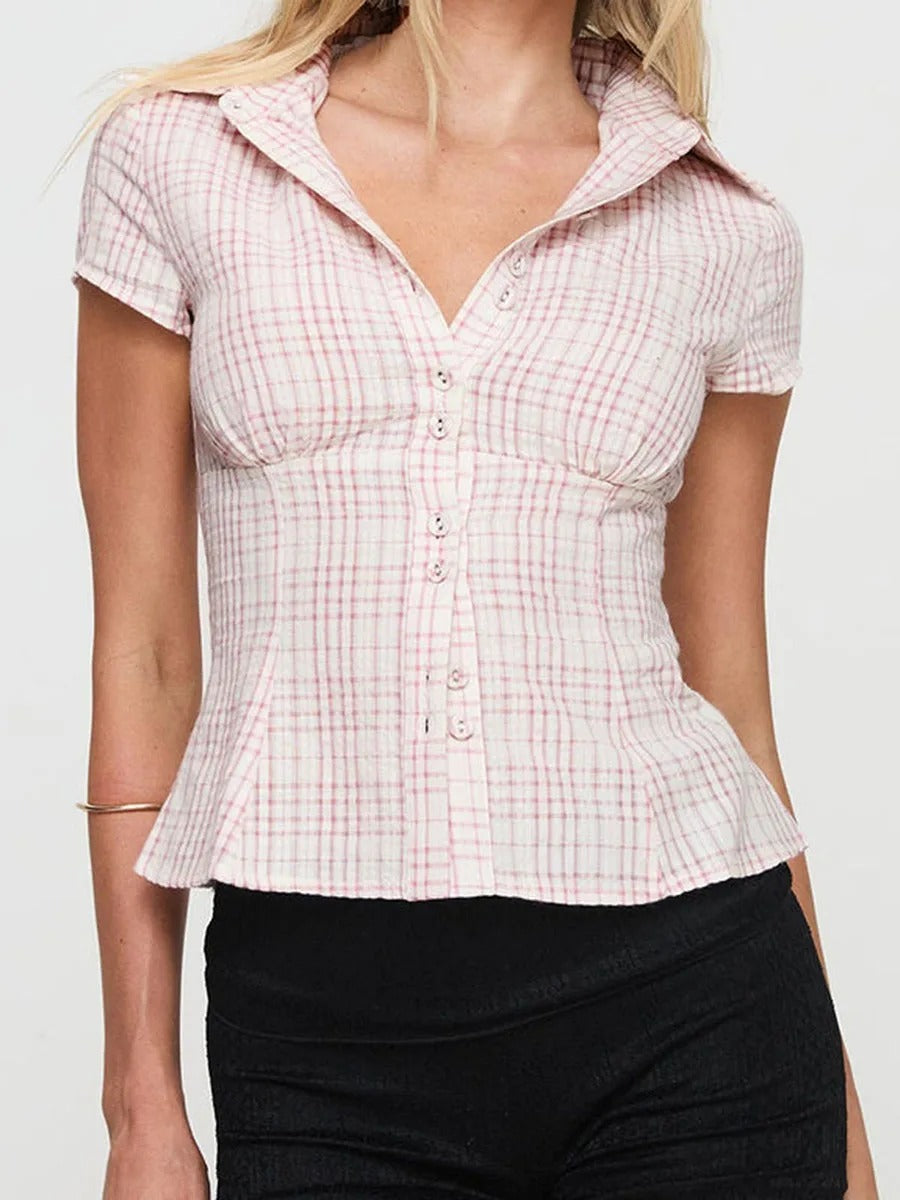 Top ajusté rose style rétro manches courtes