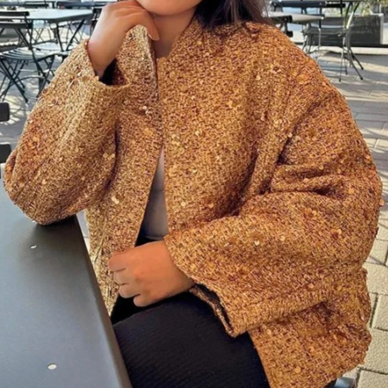 Women’s gold sequin jacket front view