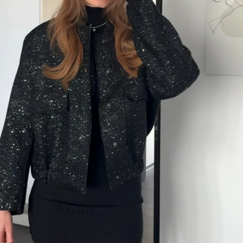 Elegant women’s black sequin jacket front view
