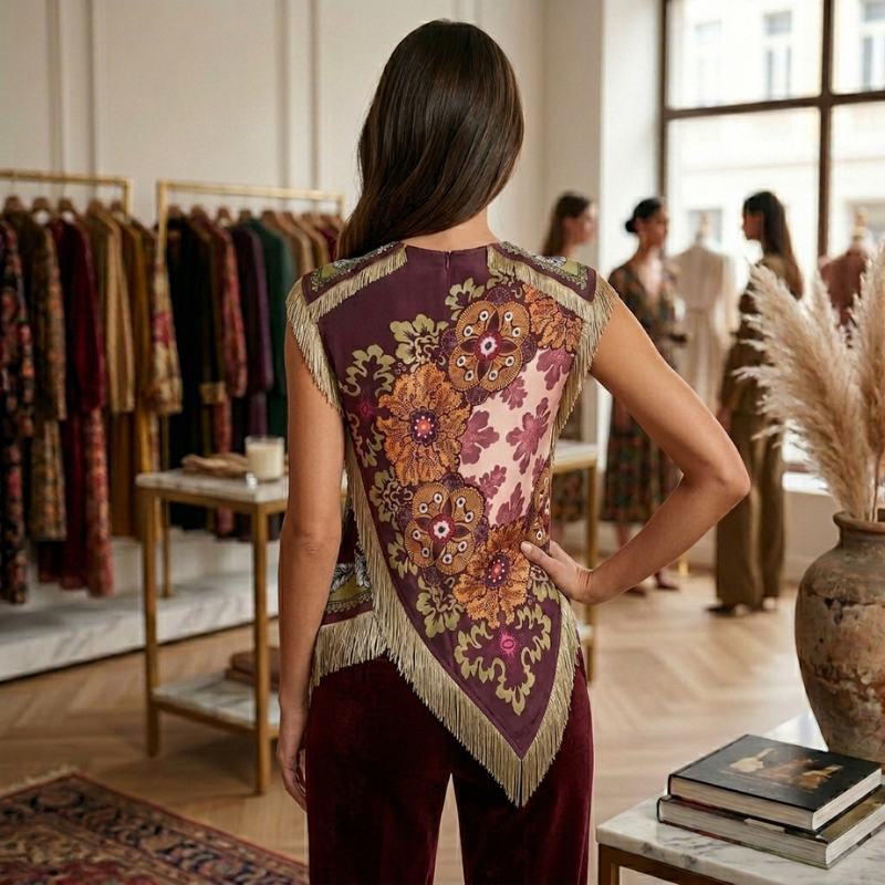 Back view of asymmetrical floral print women’s top with boho chic style