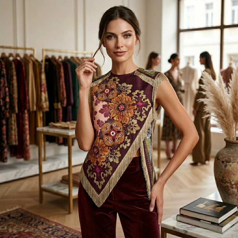 Vintage floral print women’s top with fringe details and asymmetrical cut, front view