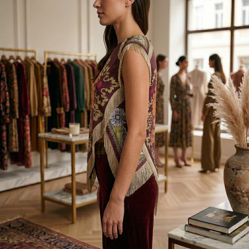 Side view of vintage floral women’s top with asymmetrical hem and fringe details