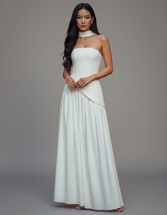 White evening long dress for women, clean and elegant formal silhouette