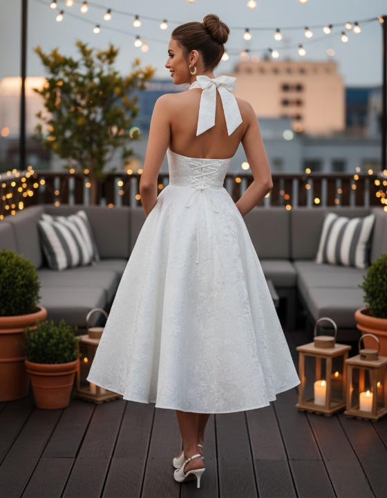 White jacquard dress – back view with intricate jacquard pattern