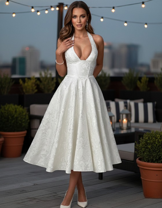 White jacquard dress – front view, elegant and refined texture