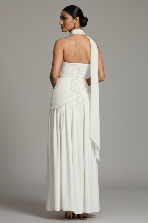 White maxi dress with high slit, elegant long dress for women
