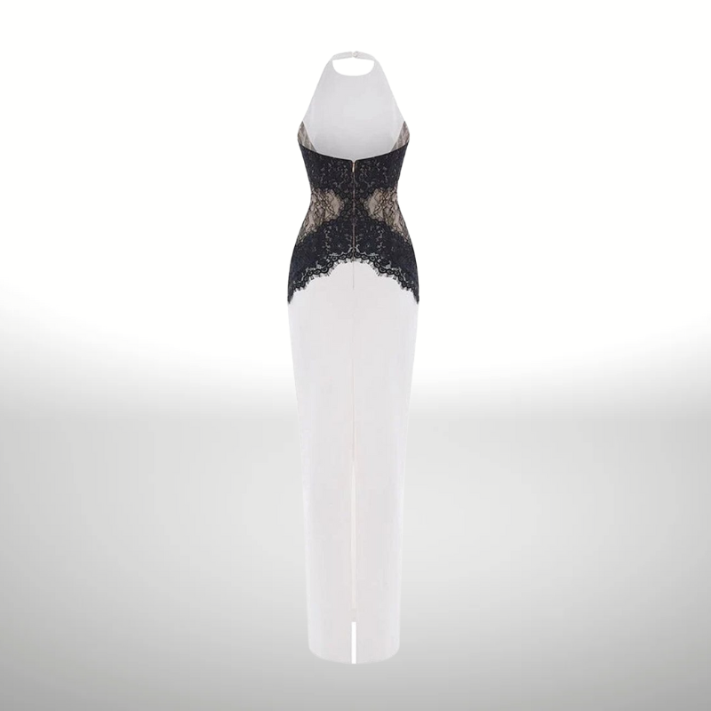 back view of an elegant white maxi dress for women, fitted silhouette and evening style