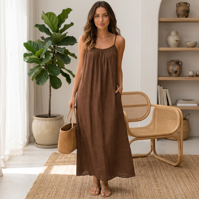 Women’s brown boho maxi dress with flowy fit front view
