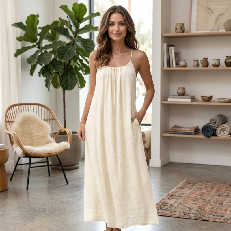 Women’s white boho maxi dress with flowy fit front view