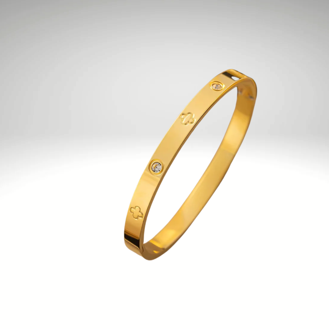 Women’s hypoallergenic gold stainless steel bracelet with zircons and clover motif