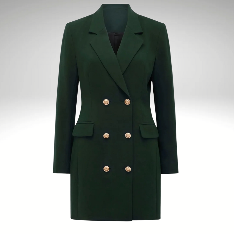 Close-up of women’s green blazer dress showing double-breasted buttons and lapel collar
