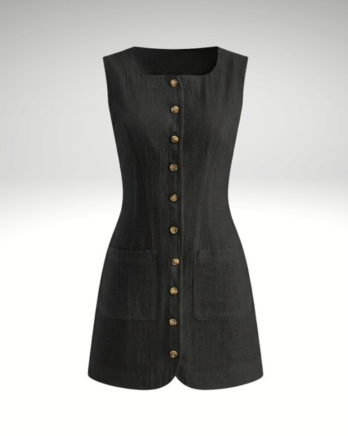 Black linen women’s square-neck buttoned dress