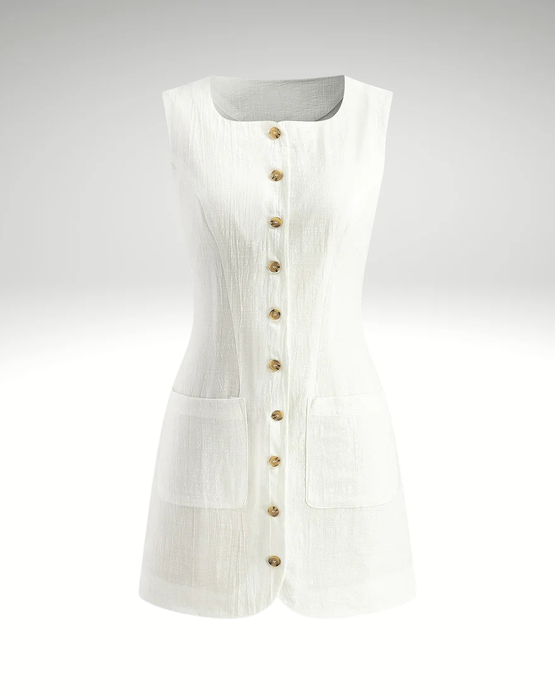 Front button detail of women’s linen dress