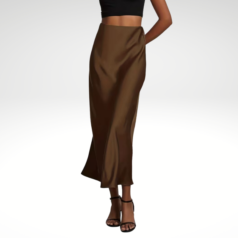 Brown satin women’s maxi skirt, elegant and comfortable