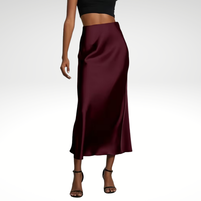 Burgundy satin women’s maxi skirt, high waist and flowing