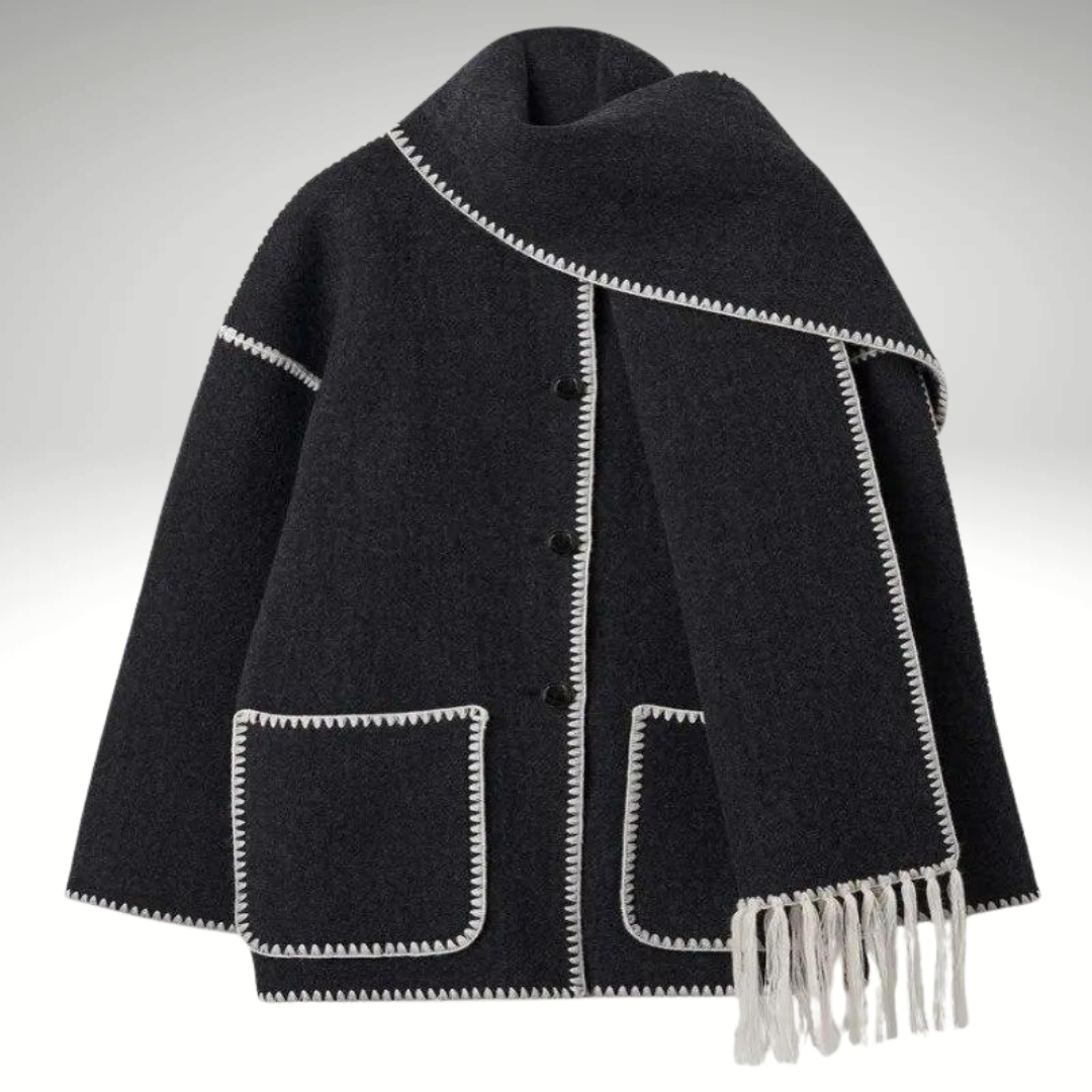 Women's winter scarf collar coat black streetwear