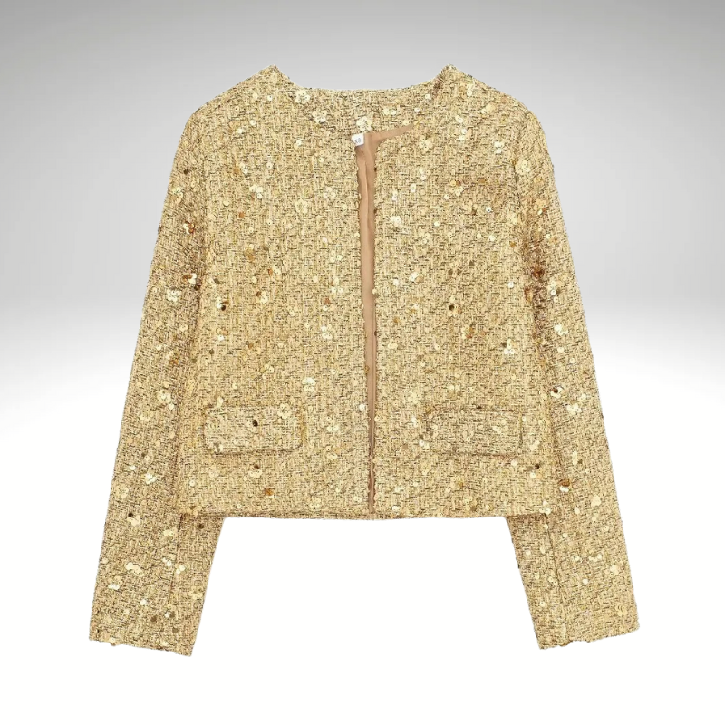 Women’s gold sequin jacket front view