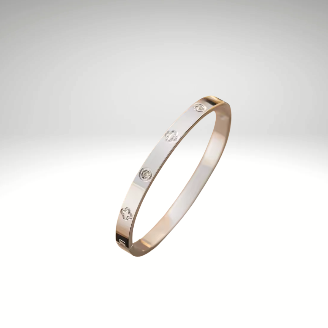 Women’s hypoallergenic silver stainless steel bracelet with zircons and clover motifs