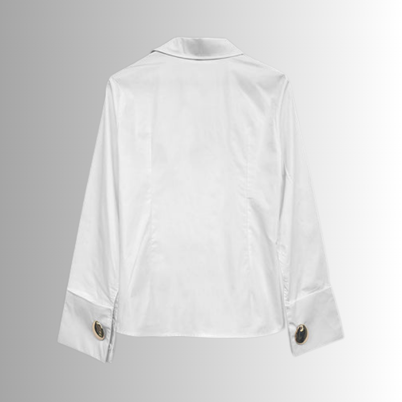 Elegant women’s white long sleeve shirt with gold buttons – view-back