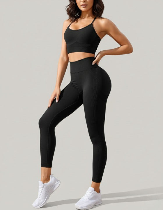 Women’s 2-piece seamless yoga set black – high waist leggings and sports bra
