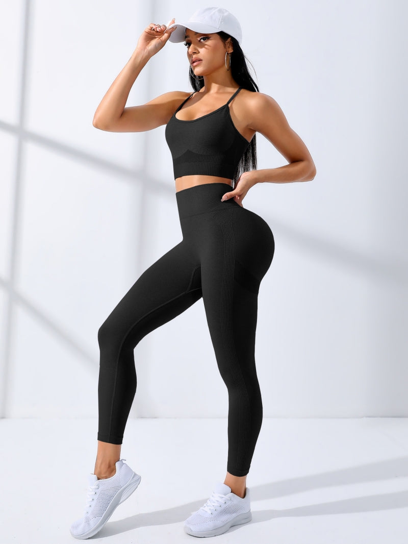 Paloma | Ensemble de yoga femme 2 pièces sans couture bleu – Legging taille haute + brassière de sport