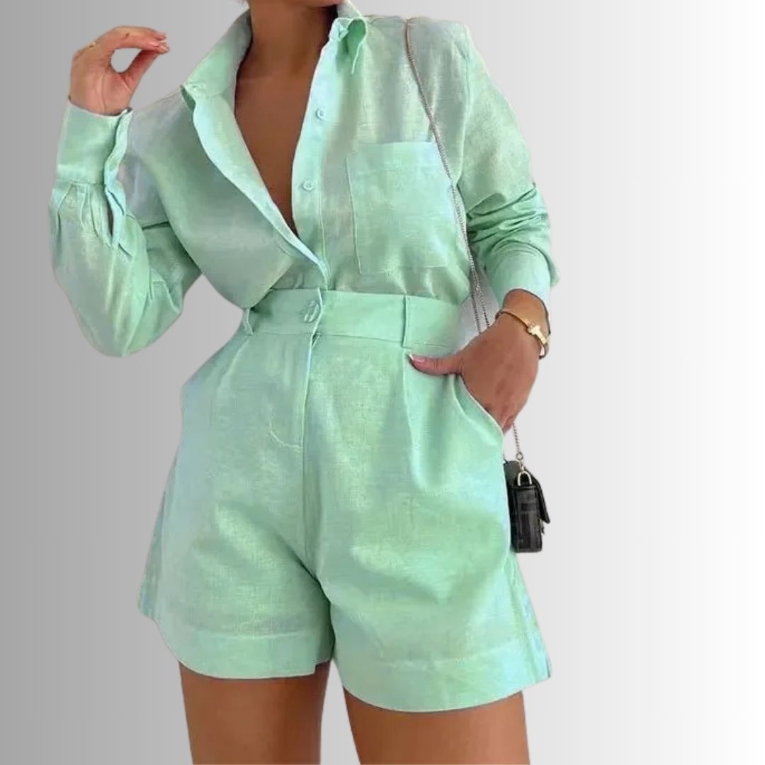 womens-linen-shirt-shorts-set-green