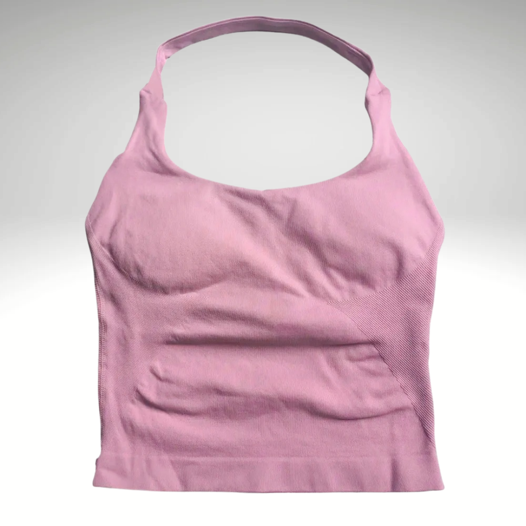 Pink women’s backless yoga tank top, breathable and stretchy