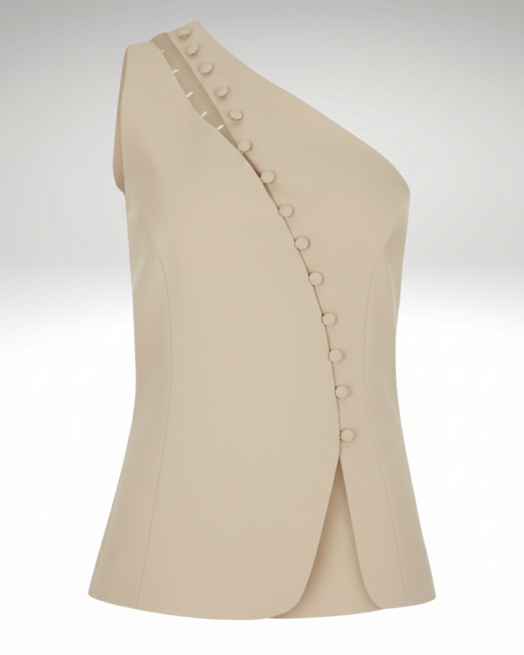 Close-up detail of beige asymmetrical women’s sleeveless vest fabric and button fastening