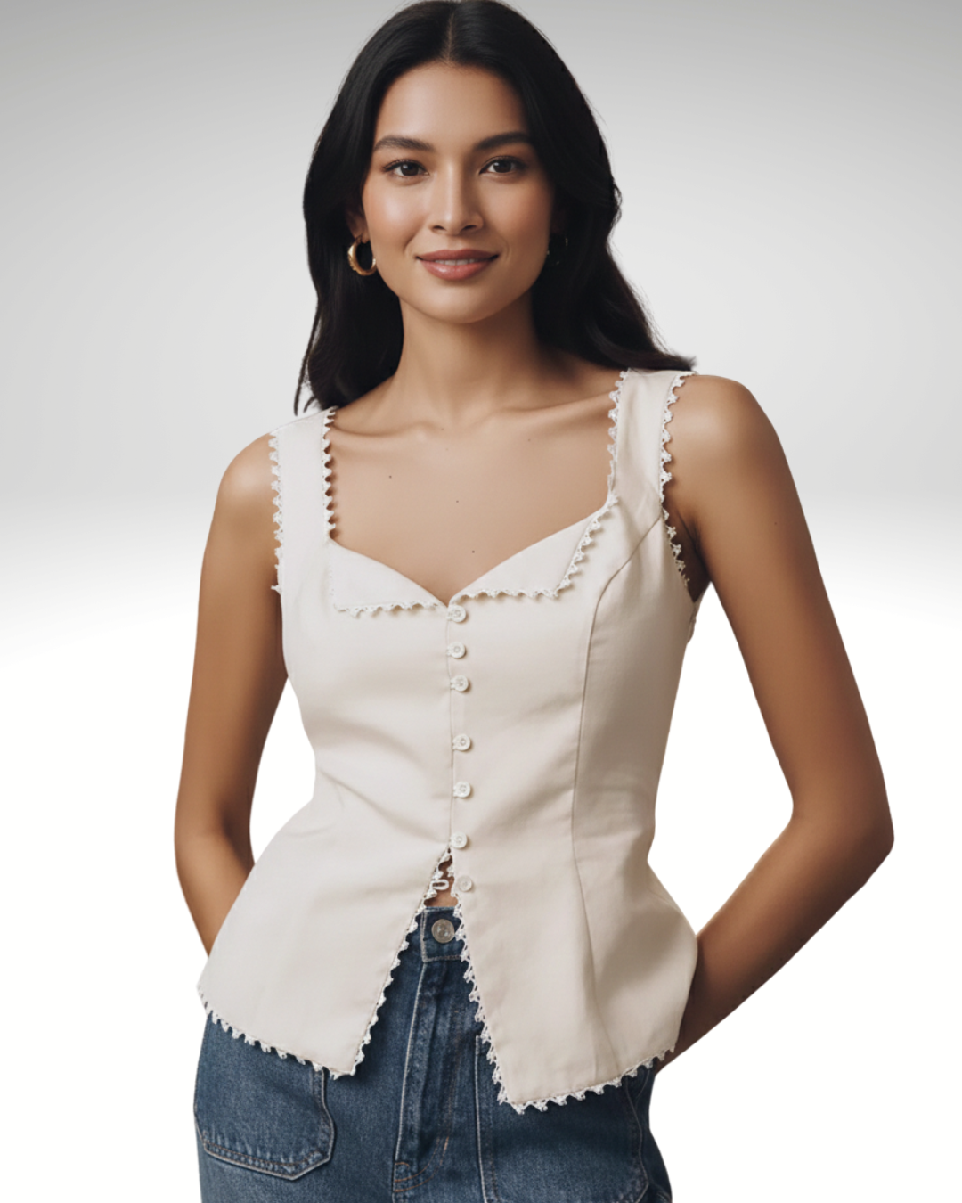 Women’s beige sleeveless vintage top square neckline button front