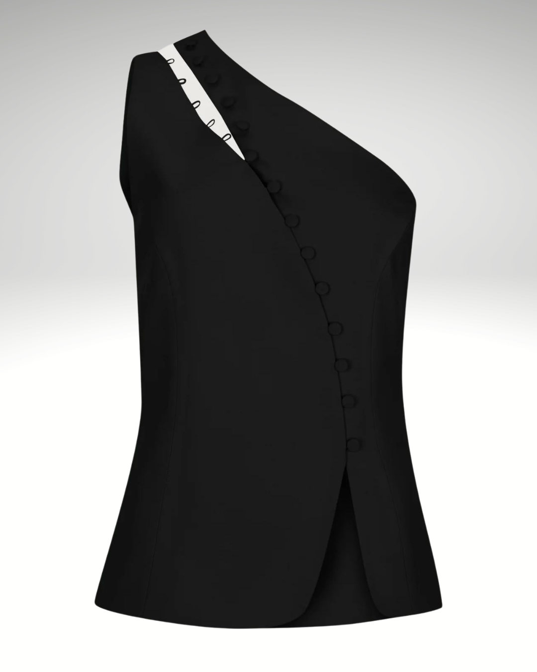 Close-up detail of black asymmetrical women’s sleeveless vest fabric and button fastening